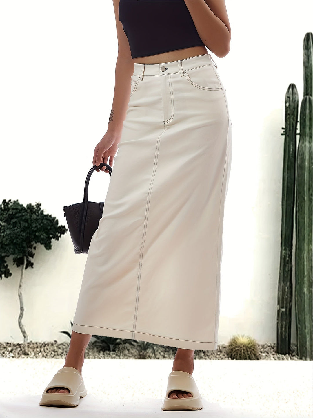 Drune | Einfarbiger Weißer Schlitz Hinten Lässig Maxi Denim Rock