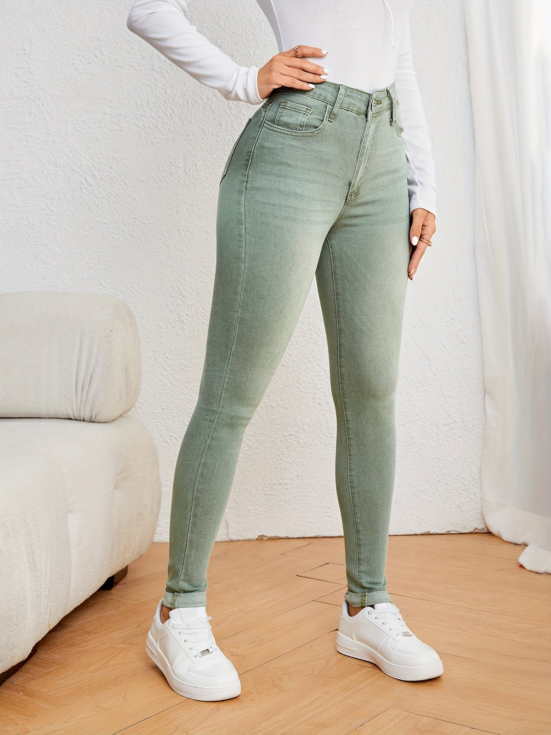 Drune | Olivgrüne High Waist Slim Fit Jeans Mit Stretch Denim