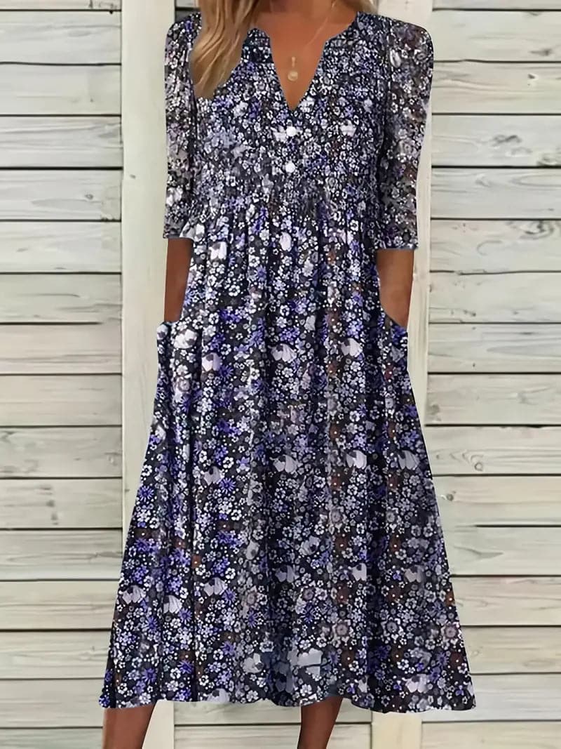 Drune | Midikleid A-Linie Passform V-Ausschnitt 3/4 Ärmel Blumenmuster