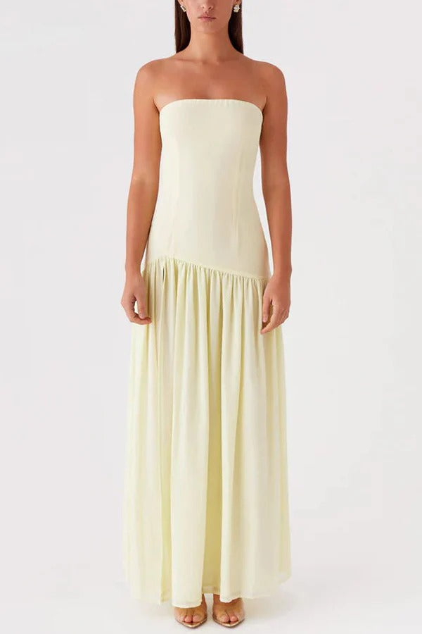 Drune | Eden Patchwork Semi-Transparent Chiffon Strapless Maxi-Kleid