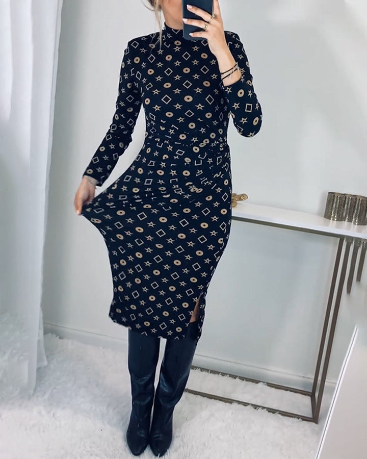 Drune | Elegantes Hochgeschlossenes Kleid mit Geometrischem Print