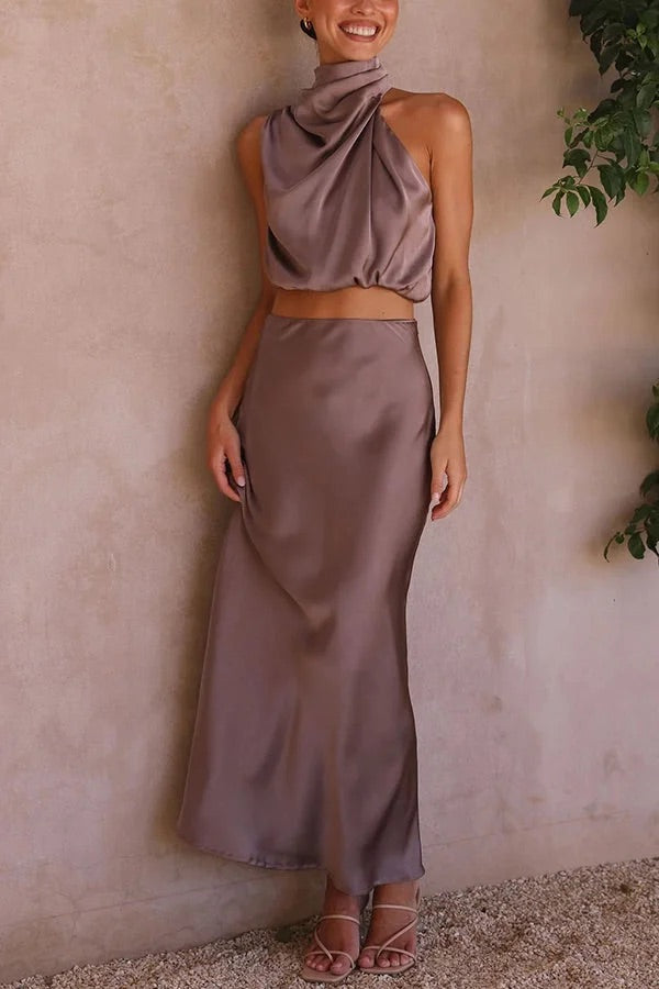 Drune | Solch Eine Stimmung Hochgeschlossene Satin Drapiert Maxirock Set