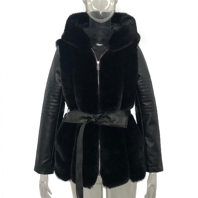 Drune Stil Pelz Gürtel Gürtel Mit Kapuze Zipper Jacke für Damen