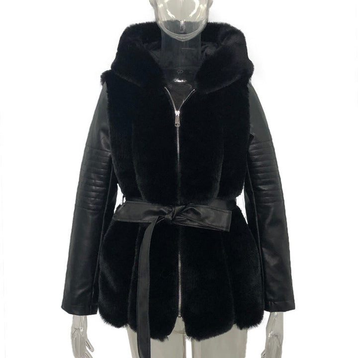 Drune Stil Pelz Gürtel Gürtel Mit Kapuze Zipper Jacke für Damen