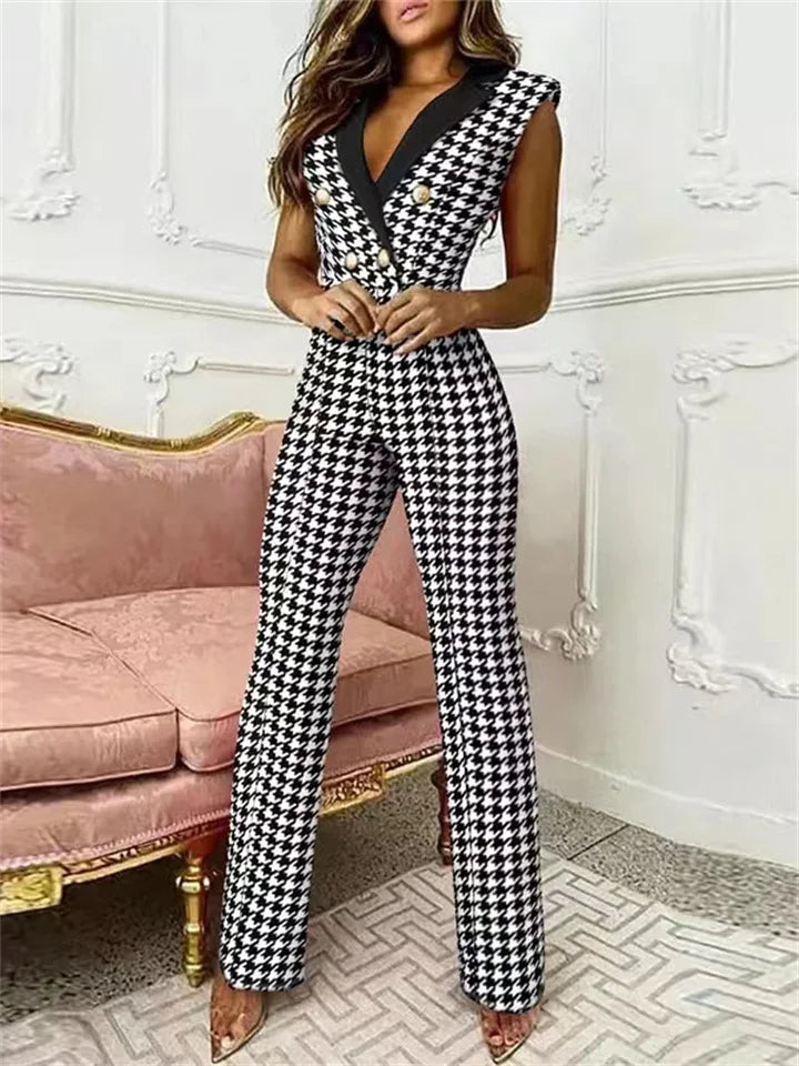 Drune | Jumpsuit mit V-Ausschnitt und Pied-de-Poule-Druck | Trendy und Elegant