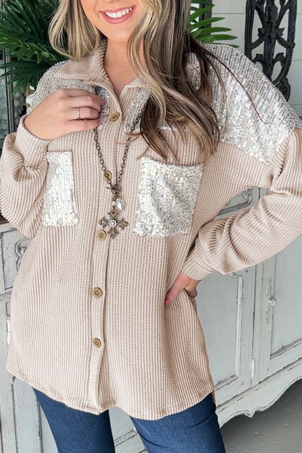 Drune | Rippierte Hemdbluse mit Silber Pailletten Polyester-mischung Elegant und Festlich