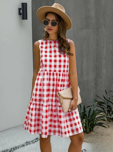Drune | Mode, Locker Geschnittenes Damenkleid mit Rundhalsausschnitt, Kariert Pastelmittelrock