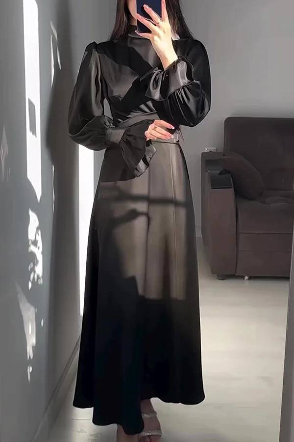 Drune | Einfarbiger Rüschensleeve Taillierter Krawatten Slim Fit Maxikleid