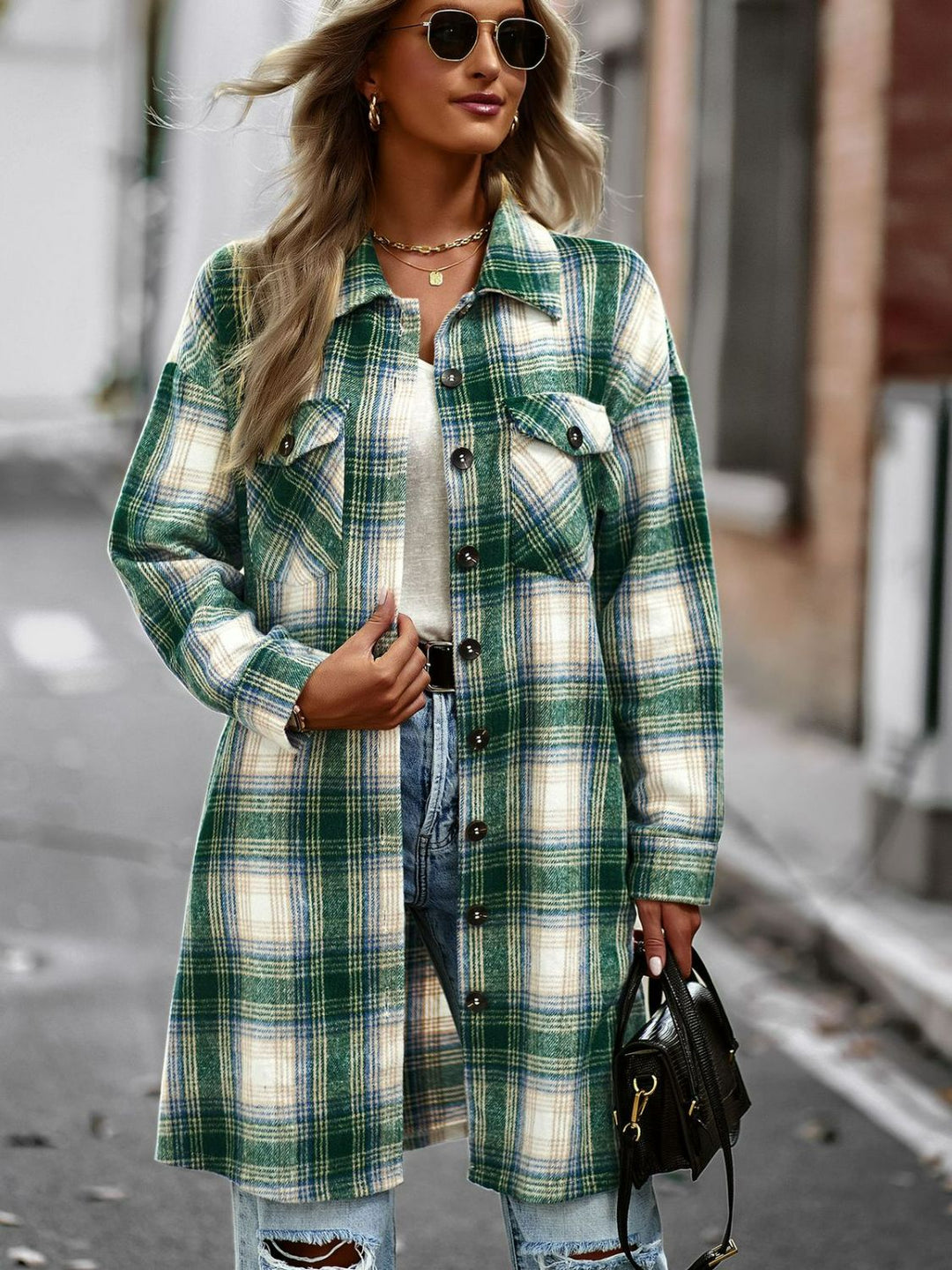 Drune | Karierte Button-Up Longline Jacke mit Taschen