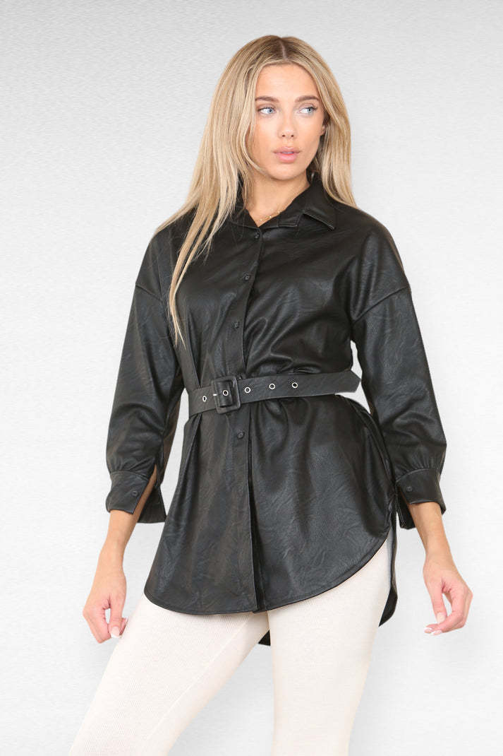 Drune | Hemdblusenkleid aus PU-Leder mit Gürtel