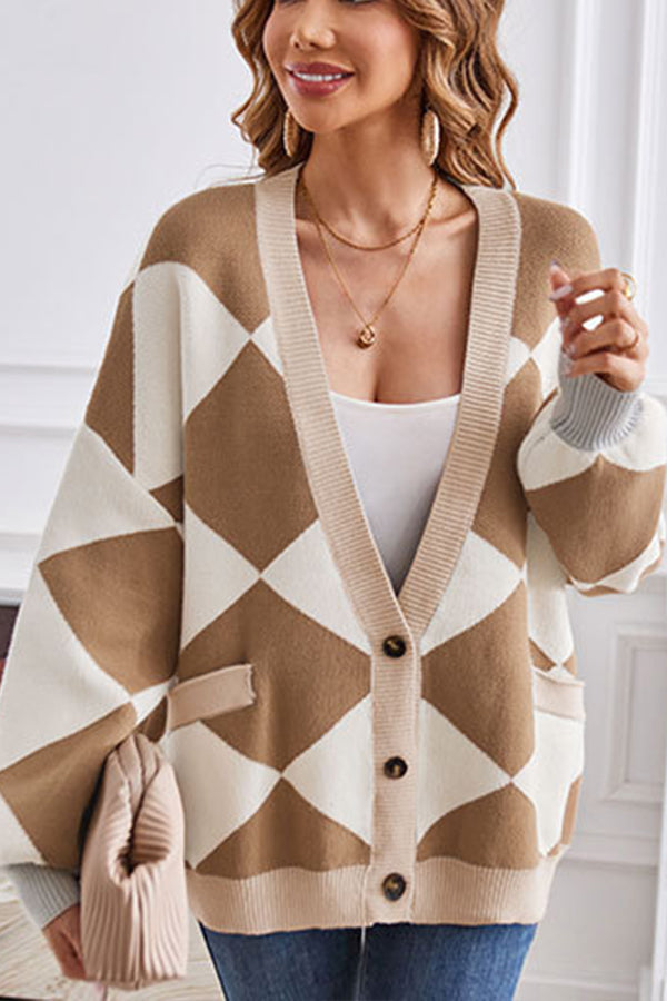 Drune | Hals geometrisches Patchwork kontrastierender Strickcardigan lässige lockere Jacke