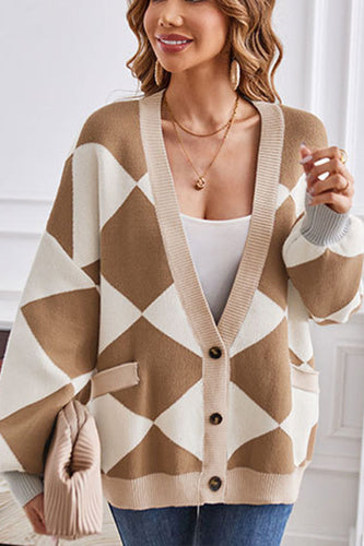 Drune | Hals geometrisches Patchwork kontrastierender Strickcardigan lässige lockere Jacke