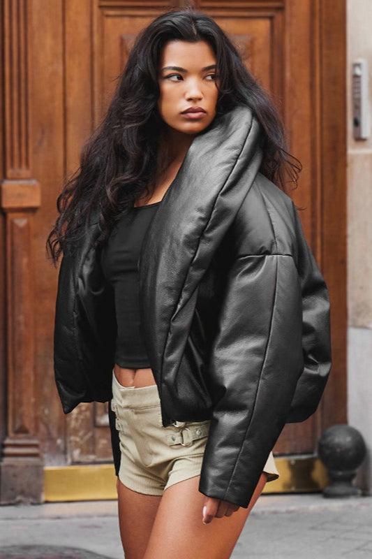 Drune | Leder Stehkragen Cropped Pufferjacke