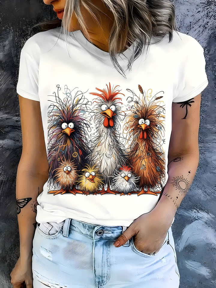 Drune | Damen T-Shirt Sommershirt mit Hühnerdruck, Rundhalsausschnitt, Kurze Ärmel, Lässig und Komfortabel