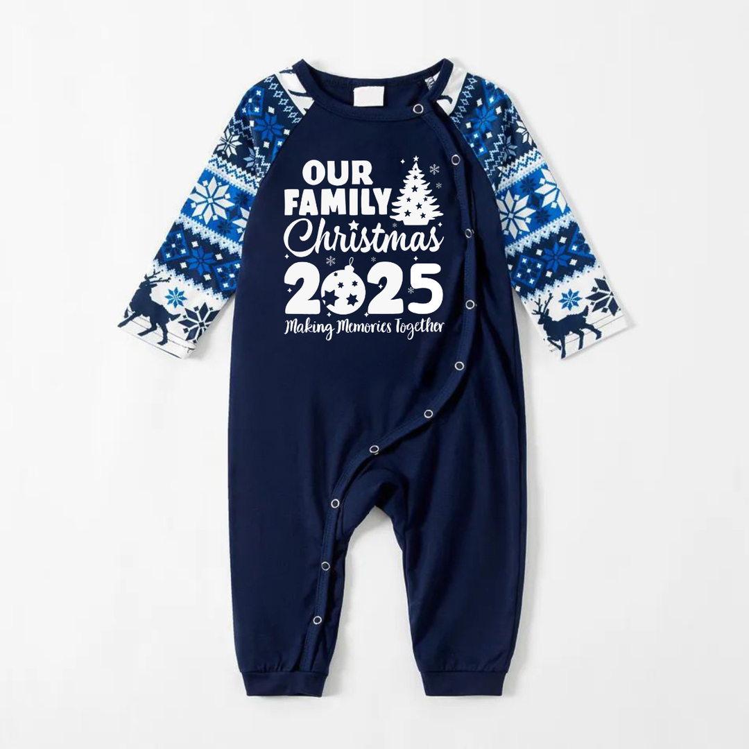 Drune | Unsere Familie Weihnachten 2025 Gemeinsam Erinnerungen Schaffen' Buchstaben Druck Blaue Lange Ärmel Mit Blauen Floral Hosen Familien Passende Schlafanzüge Sets