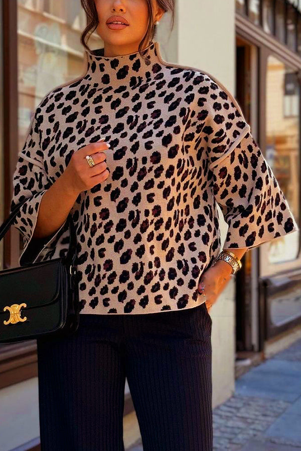 Drune | Cozy knit sweater with leopard print and loose roll neck