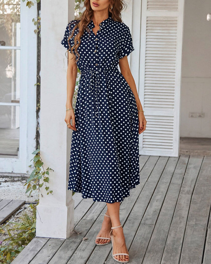 Drune | Punkte-Muster Kleid mit Bindeband und Knöpfen