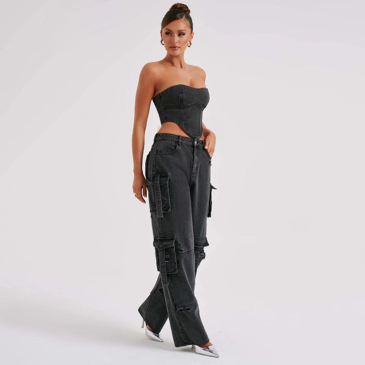 Drune | Denim-Anzüge Sommer Sexy Rückenausschnitt Tube Top und Mehrfach-Taschen Gerade Hosen Mode Lange Hosen Anzug Damenbekleidung