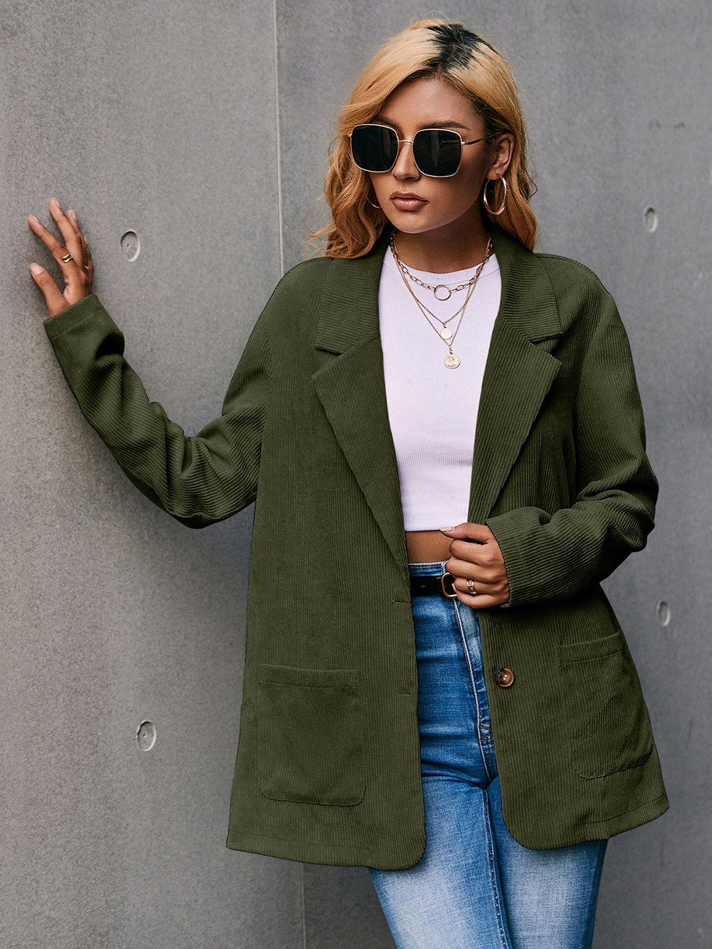 Drune | Corduroy Langarm Longline Blazer mit Taschen