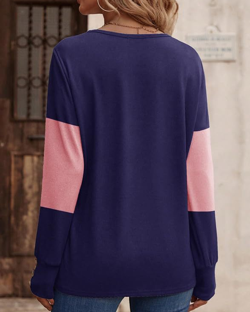 Drune | Shirt Damen Colorblock Druck Knopf Deko Fallende Schulter