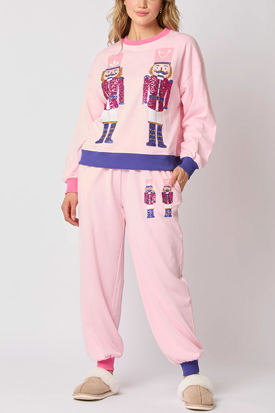 Drune | Weihnachtsmann Pailletten Freizeit Sweatshirt und elastische Taillen lockere Taschenhose Set