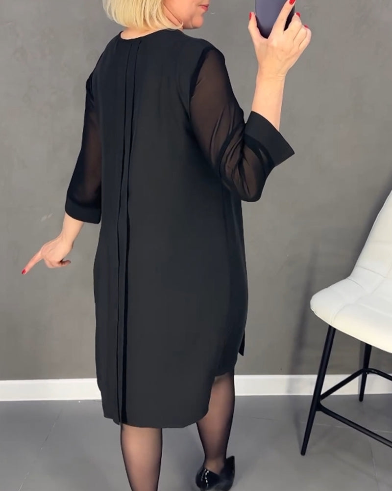 Drune | Einfarbiges Plissiertes Patchwork Mesh Kleid