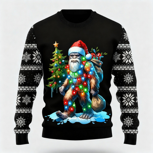 Drune | Colorful Animal- und Tannenbaum-Muster-Design - Schwarzer Feiertags-Icon-Pullover