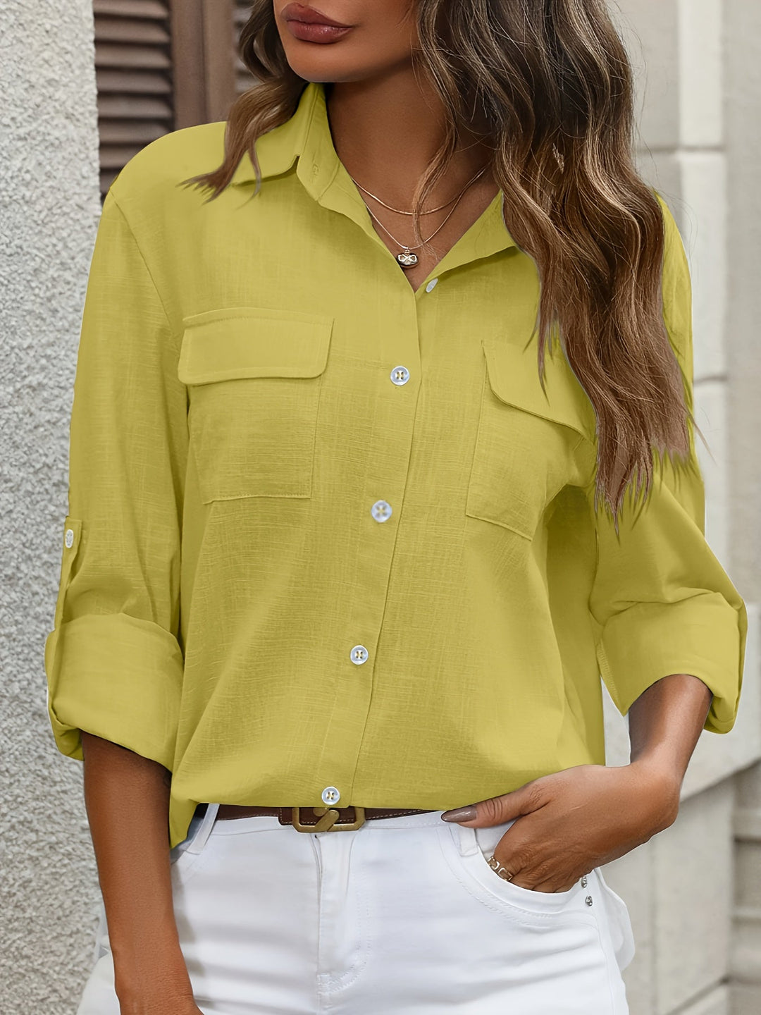 Drune | Elegante Damen Baumwollbluse mit Taschen und Langen Ärmeln