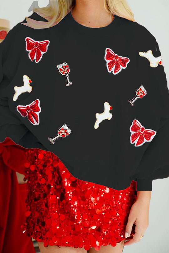 Drune | Weihnachtsbogen-Wein-Glas Pailletten Lockere Lange Ärmel Sweatshirt