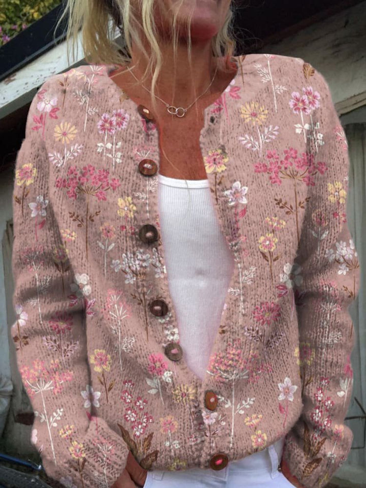 Drune | Knopflose Strickjacke mit Blumenmuster Strick Elegant und Komfortabel