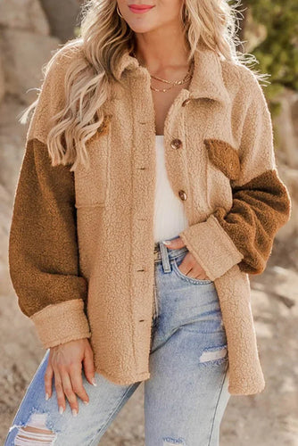 Drune | Sherpa Jacke Camel Colorblock mit Taschen - Elegant und Warm
