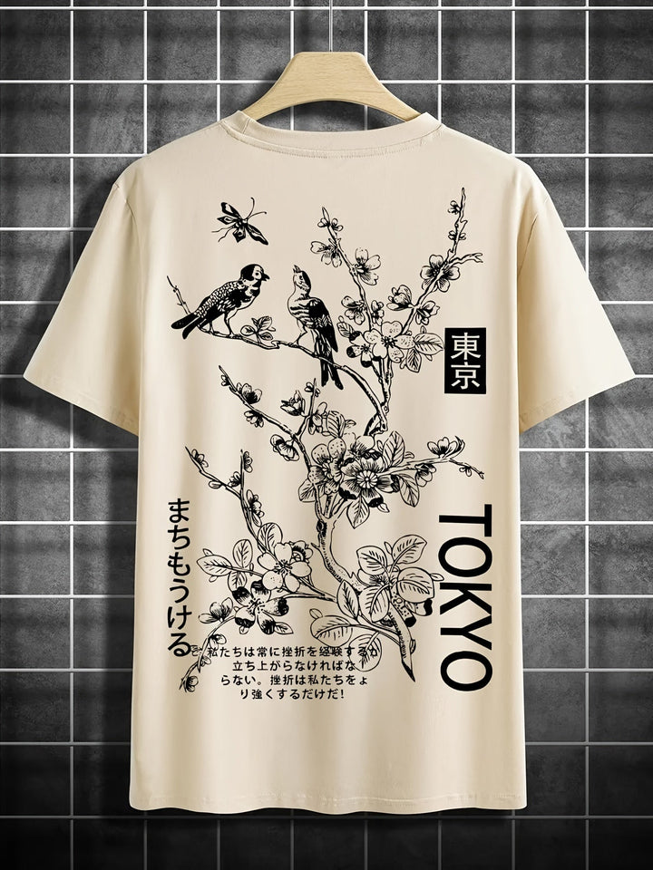 Drune | Lässiges Herren T-Shirt mit Blumen und Vogelprint