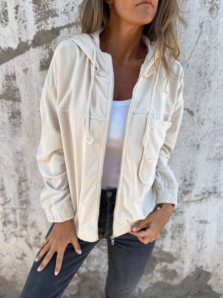 Drune | Lässige Jacke Mit Weißer Kapuze Und Reißverschluss