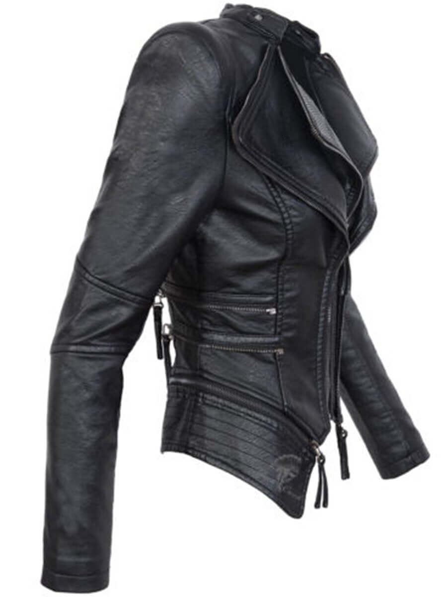 Drune | Damen Schwarze Asymmetrische PU-Leder Bikerjacke