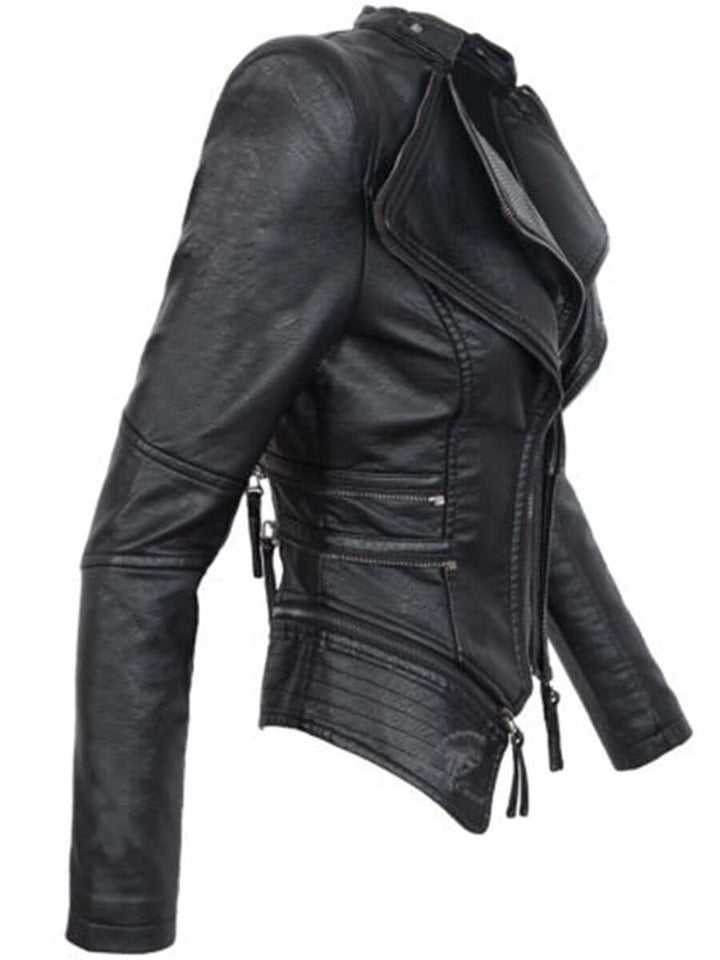 Drune | Damen Schwarze Asymmetrische PU-Leder Bikerjacke