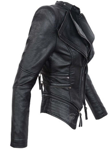 Drune | Damen Schwarze Asymmetrische PU-Leder Bikerjacke