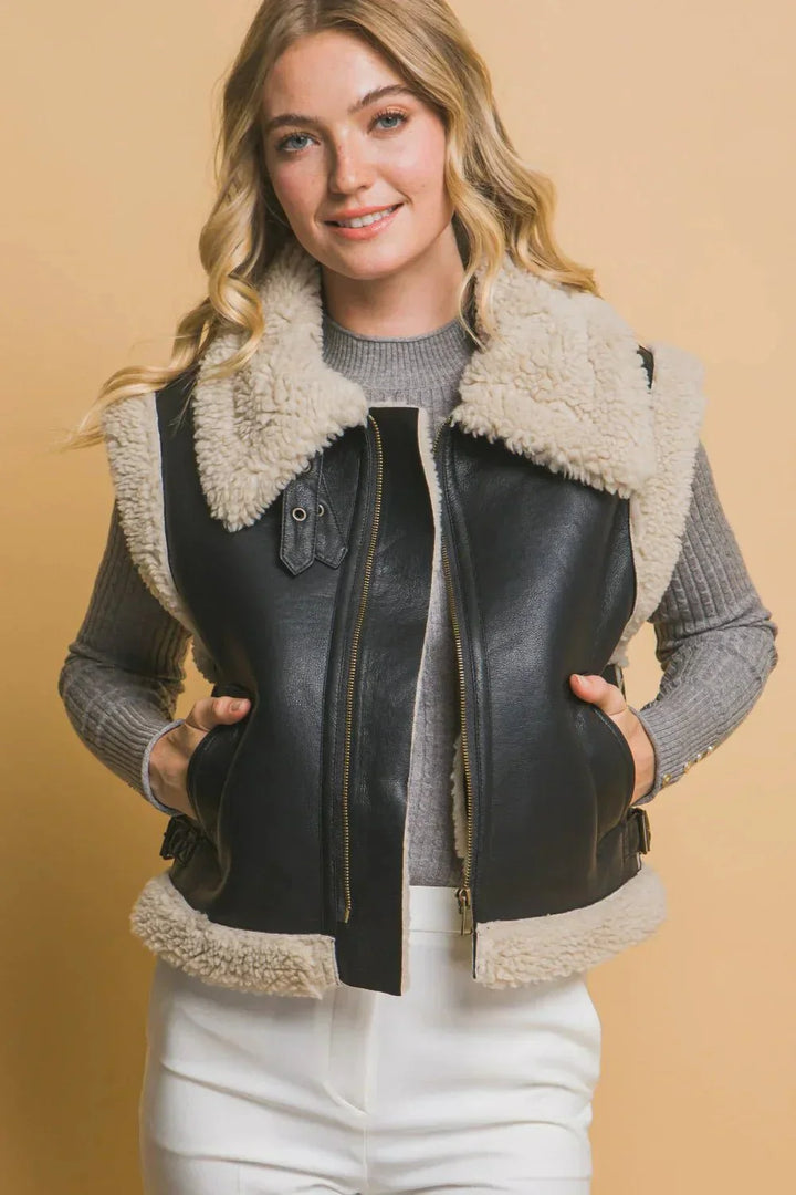 Drune | Leder-Schaffellweste - Warm & Stylish - Vegan Leder - Lässiges Layering