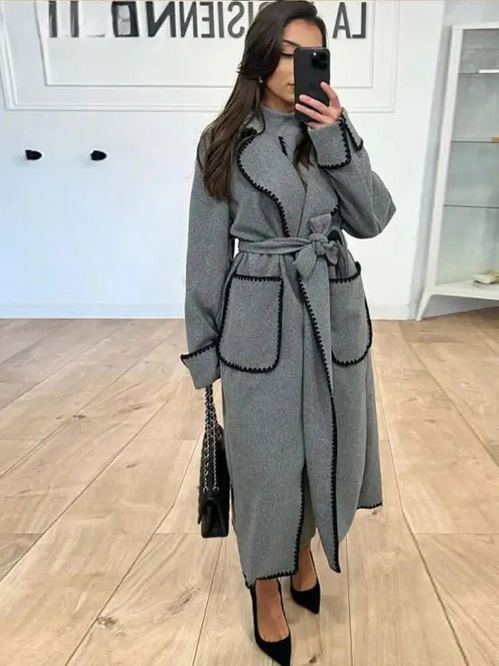 Drune | Longline Mantel - Kontrastierende Besatz - Gürtellinie - Casual bis Formal
