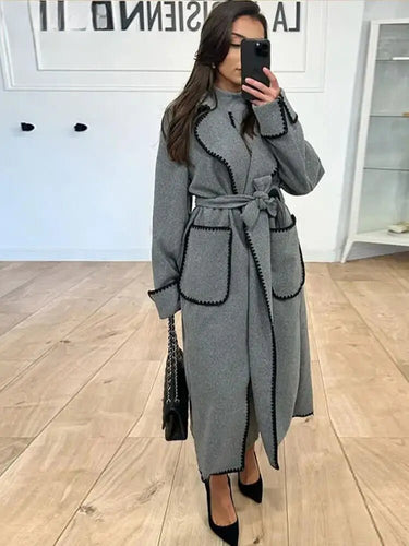 Drune | Longline Mantel - Kontrastierende Besatz - Gürtellinie - Casual bis Formal