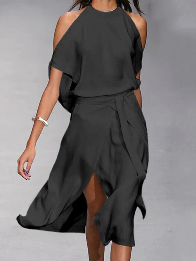 Drune | Midi Kleid Off Shoulder Wickelstil Mit Frontschlitz Elegante Fließende Passform
