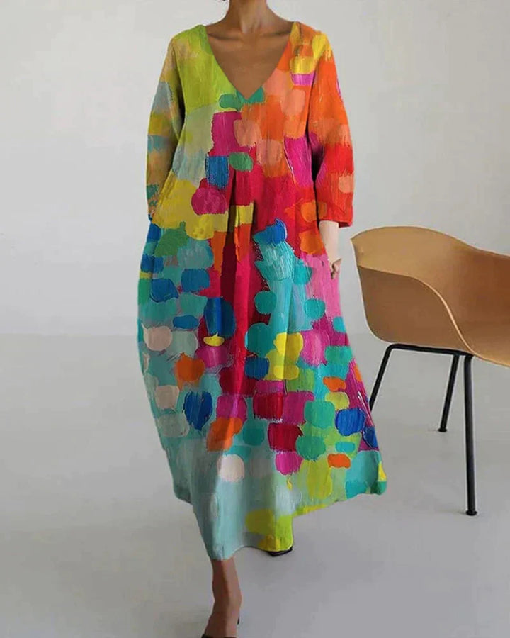 Drune | Bunt Bedrucktes Kleid Mit V-Ausschnitt