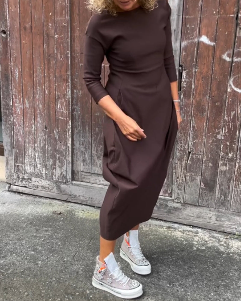 Drune | Schlichtes Einfarbiges Elegantes Kleid mit Langen Ärmeln und Tasche