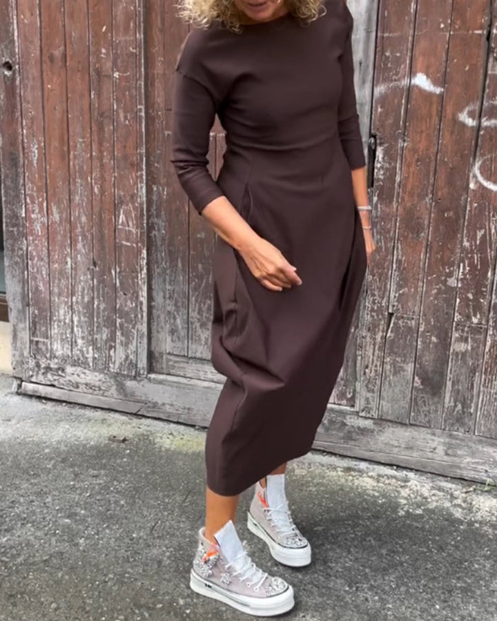 Drune | Schlichtes Einfarbiges Elegantes Kleid mit Langen Ärmeln und Tasche