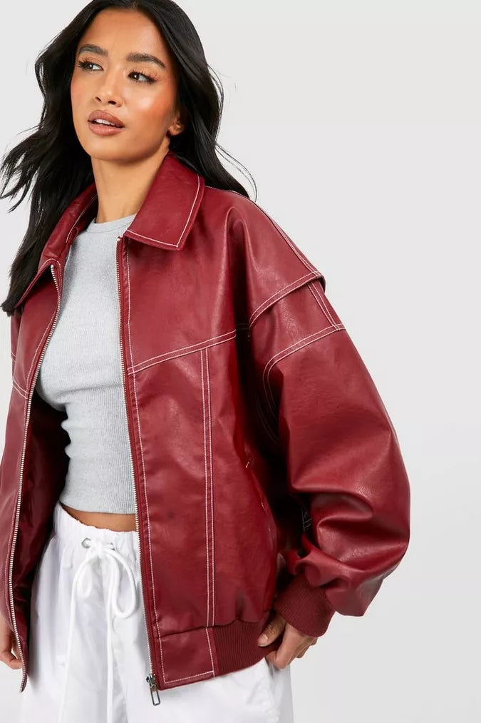 Drune | Damen Oversized Lederjacke Rot