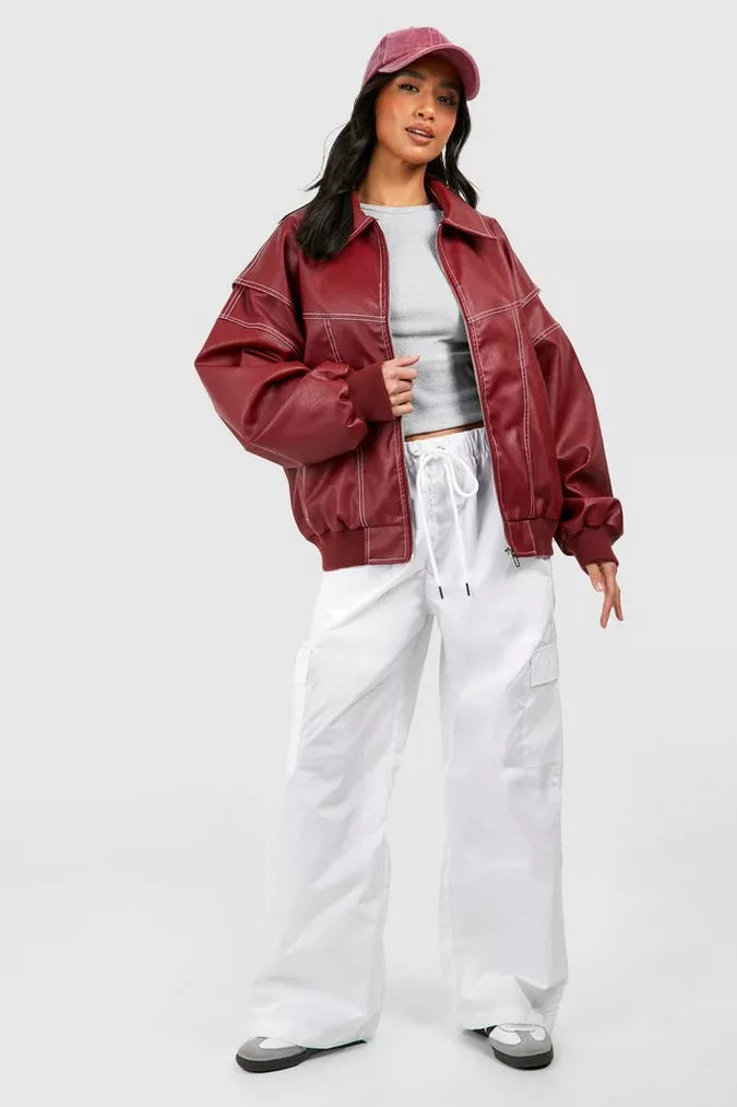 Drune | Damen Oversized Lederjacke Rot