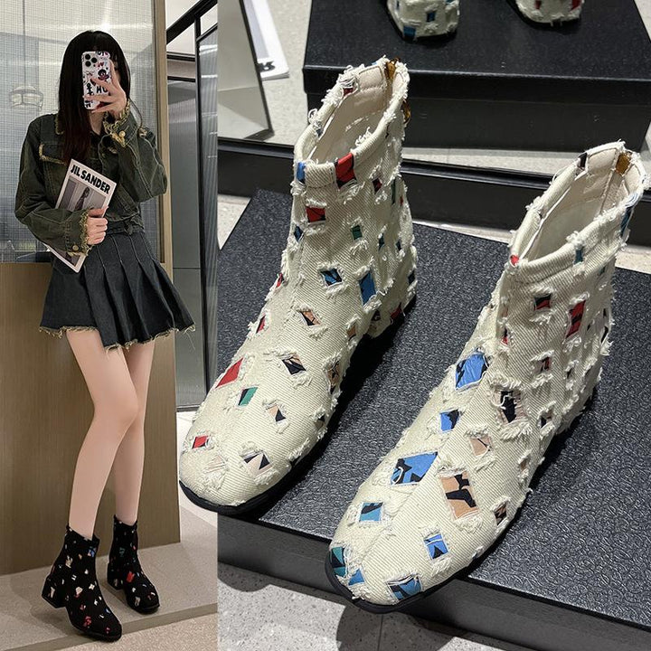 Damen Modische Ankle-Boots mit kreativem Geometrie-Druck und elegantem Reißverschluss Drune