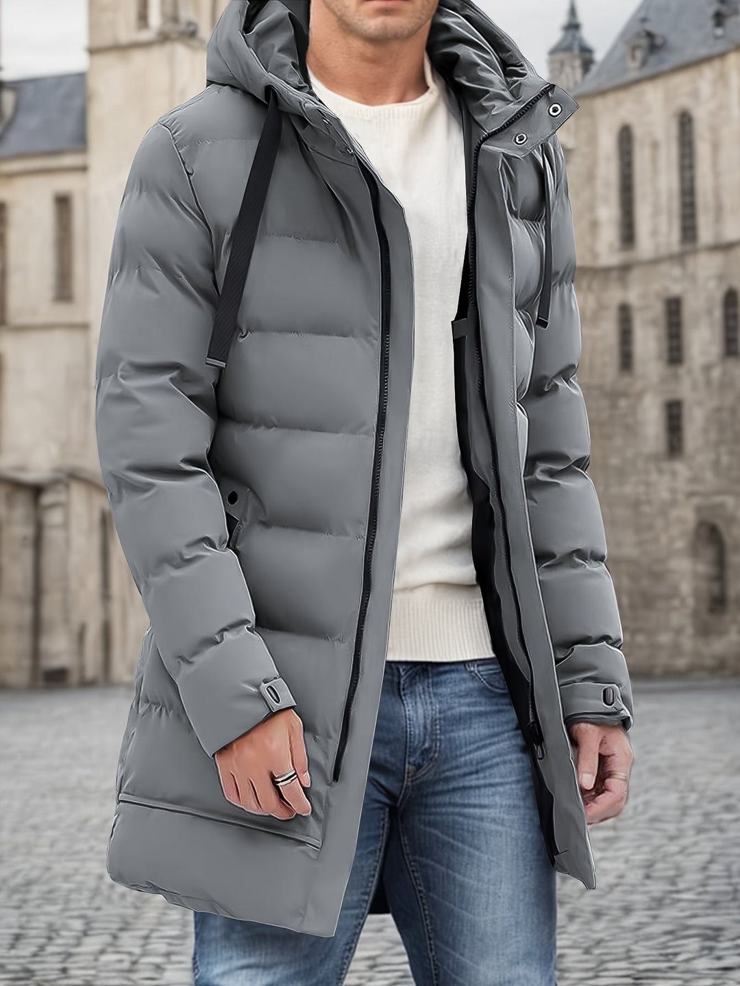 Drune |  Kapuzen Baumwollmaterial Mit Großer Tasche Und Kordelzug Winterjacke Für Herren - Perfekt für Outdoor-Aktivitäten