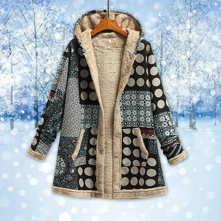 Drune | Damen Fleecejacke – Lockere Passform – Kapuzen-Patchwork – Längere Knopf- Freizeitbekleidung