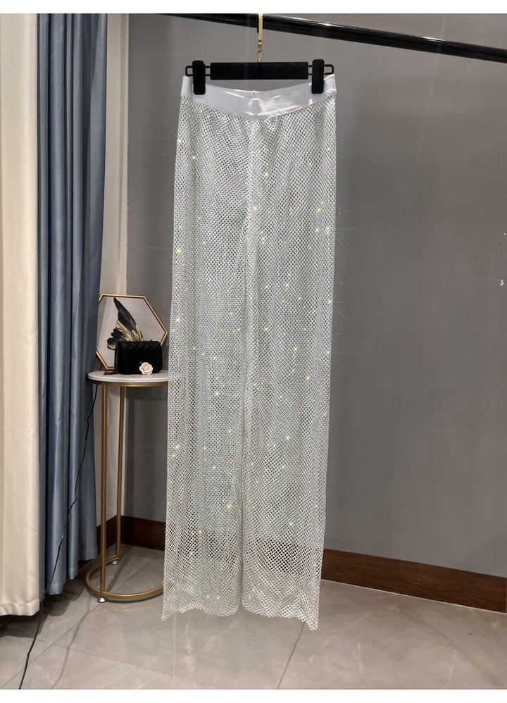 Drune | Rhinestone Gerade Netz Weite Bein Slim Fit Schmeichelnde Mop Hosen