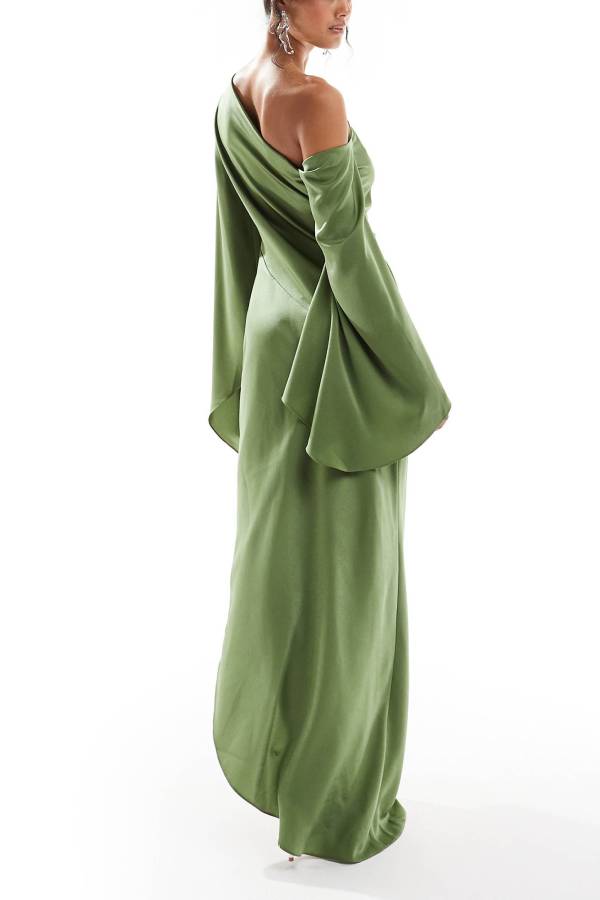 Drune | Zayla Satin Asymmetrisches Ein Schulter Glockenärmel Schlitz Maxi Kleid